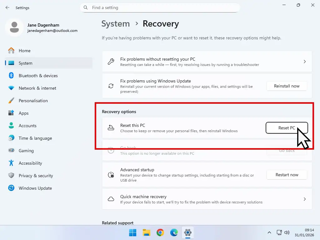 Windows 11 recovery screen Reset Windows 11 to securely wipe all data.