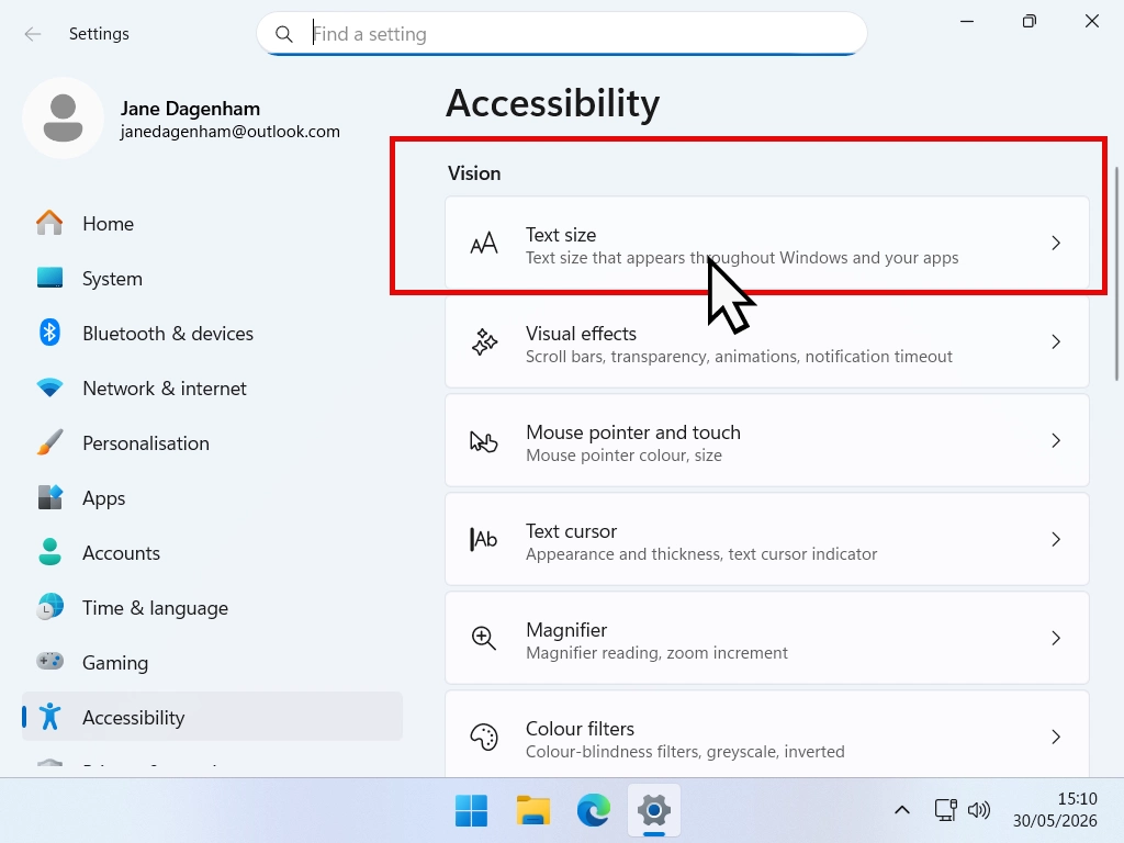 Accessibility-Text size settings-Windows 11 Change text size in Windows 11 in the Accessibility settings.