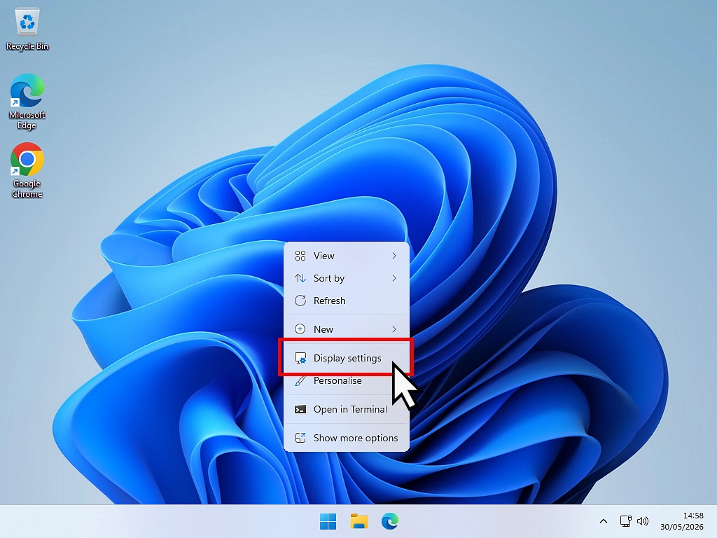 Display scaling-Windows 11 Make everything appear bigger in Windows 11. Display Settings highlighted on options menu.