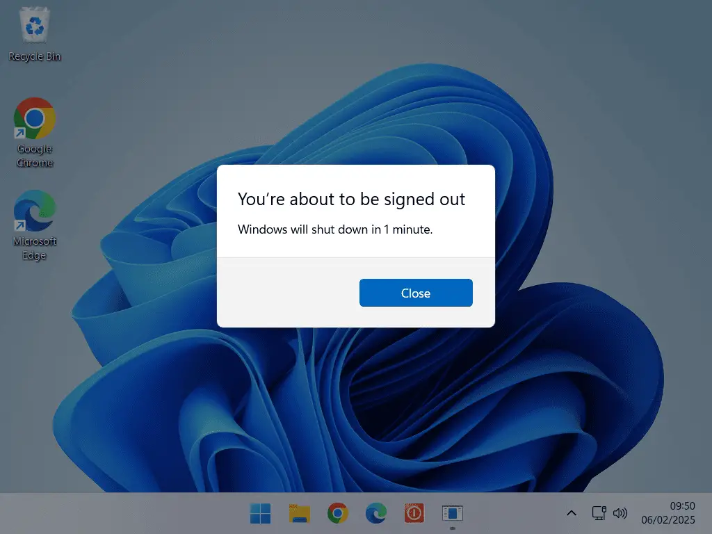 "You are about to be signed out" message displayed before computer shuts down.