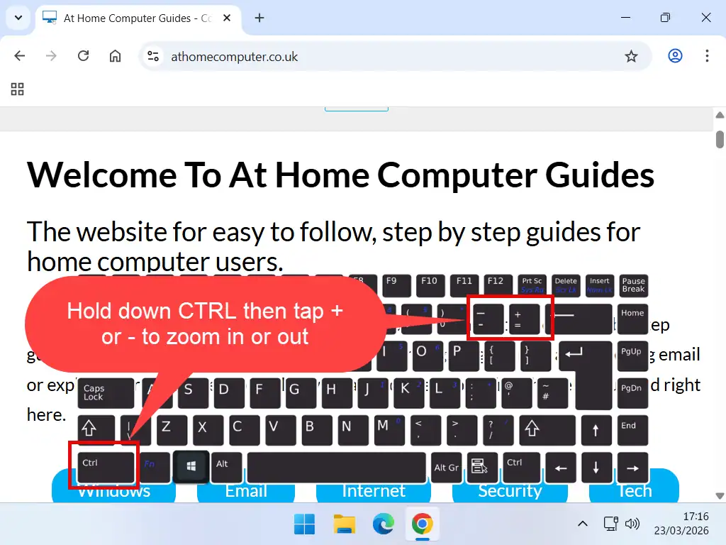 Zoom in or out in browser CTRL key and Plus and Minus keys indicated to make web pages bigger in a browser window.