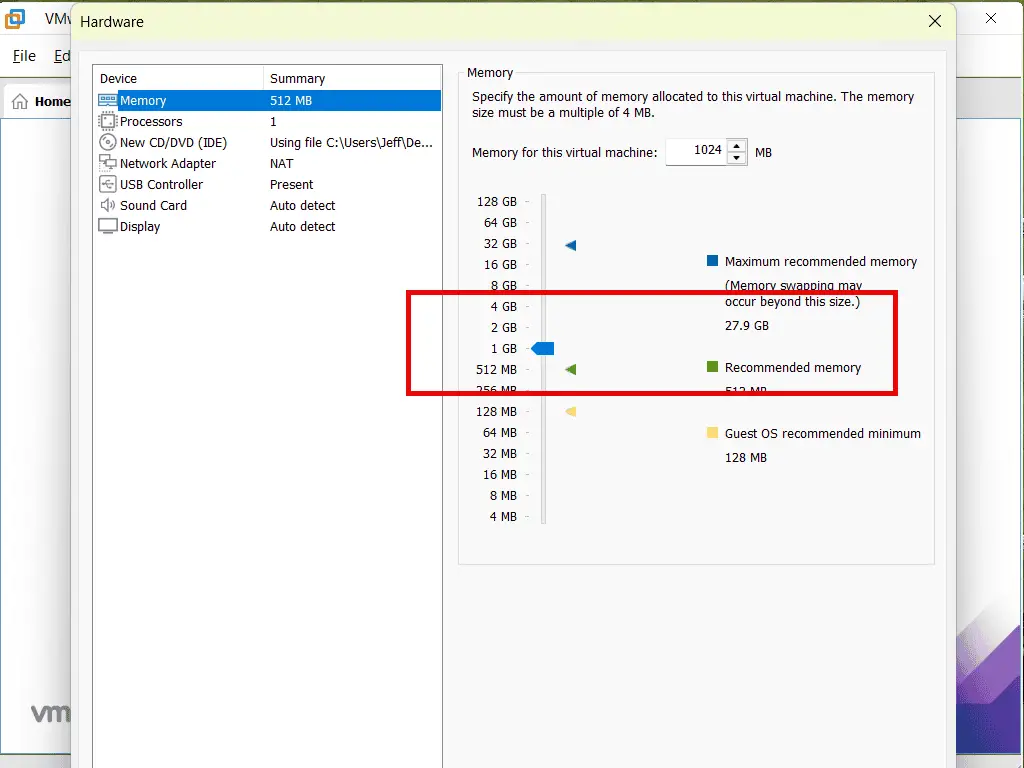 1 Gigabyte of RAM selected.