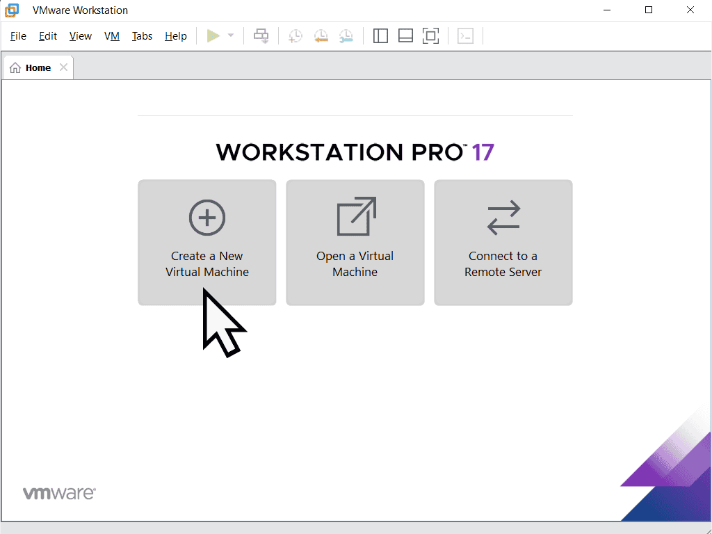 Workstation Pro Home screen. Create a New Virtual Machine is selected.