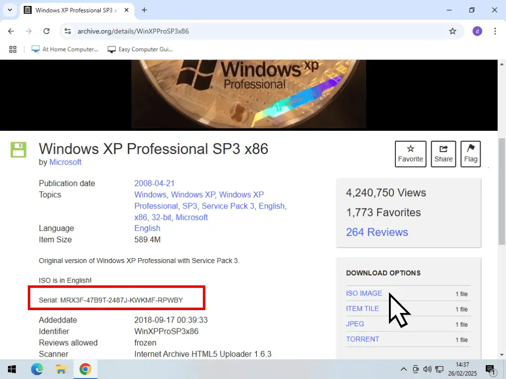Downloading Windows XP ISO from Internet Archive website.