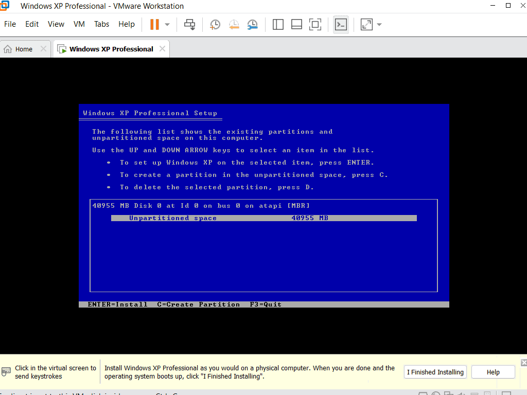 Press Enter to install Windows XP on to virtual machine.