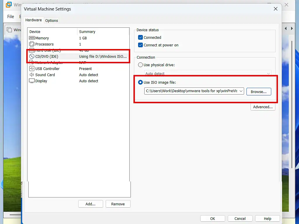 Mounting VMware Tools iso file Mount the legacy version of VMware tools as a virtual drive in Windows XP.