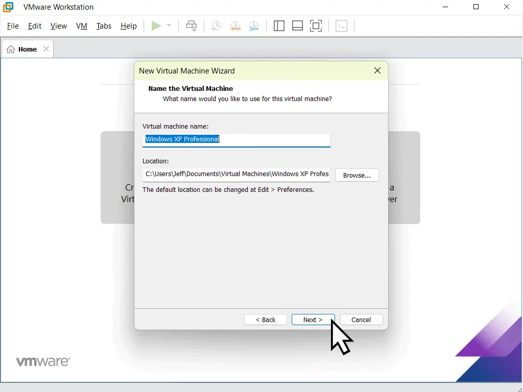 Default settings accepted.