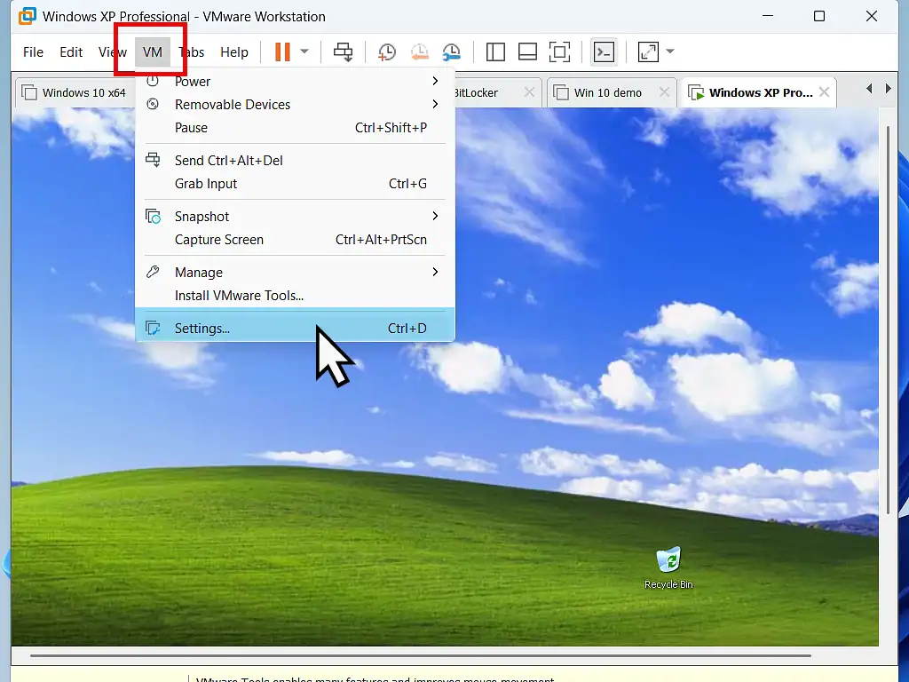 Opening the Settings menu in VMware Access the Settings options in Workstation Pro.