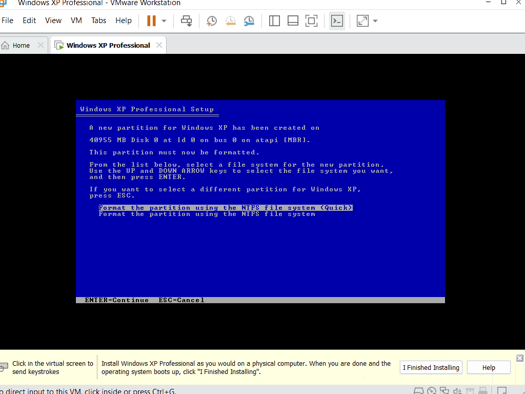 Format the partition using the NTFS file system (Quick) is selected.