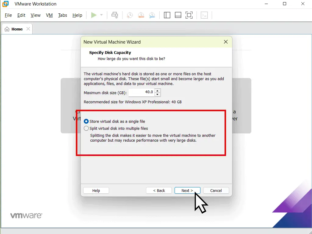 Store the disk as a single file is selected.