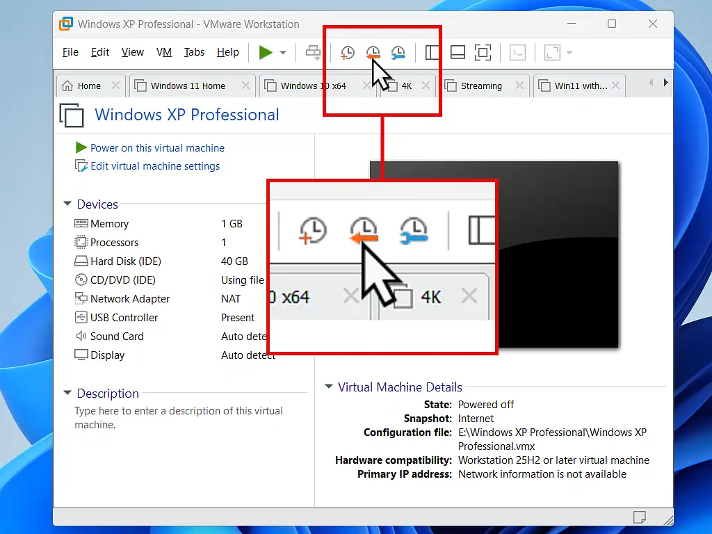 Revert to last snapshot in VMware Reverting to the last snapshot in VMware.