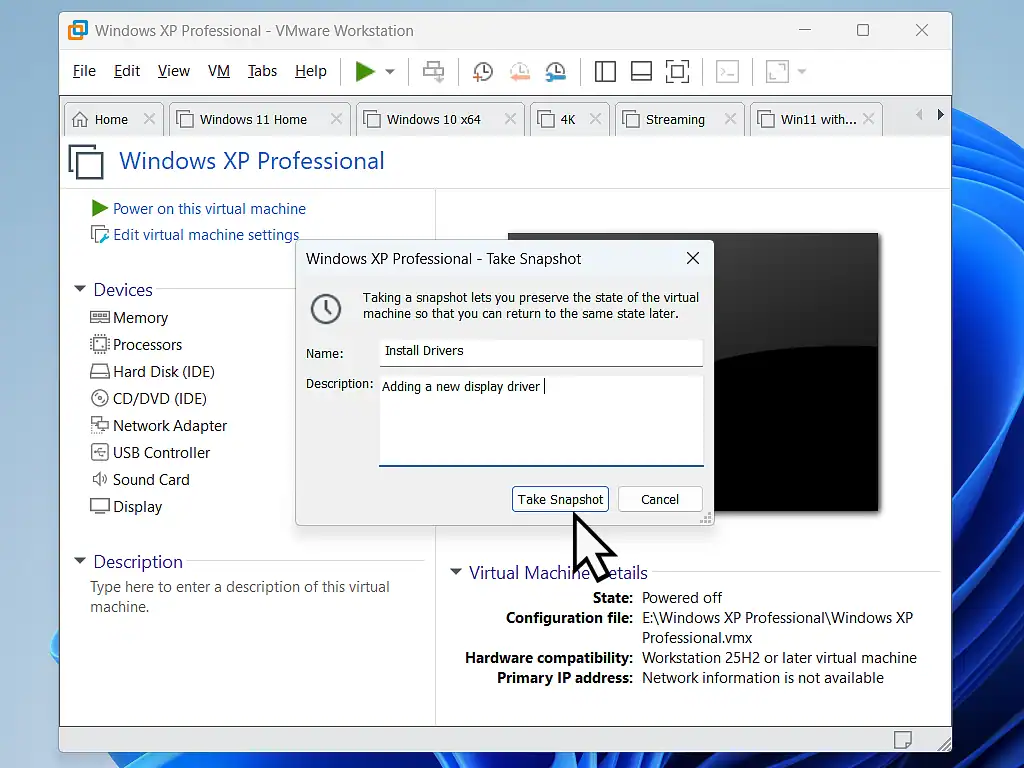 Snapshot name and description Give snapshots a descriptive name to save time later.