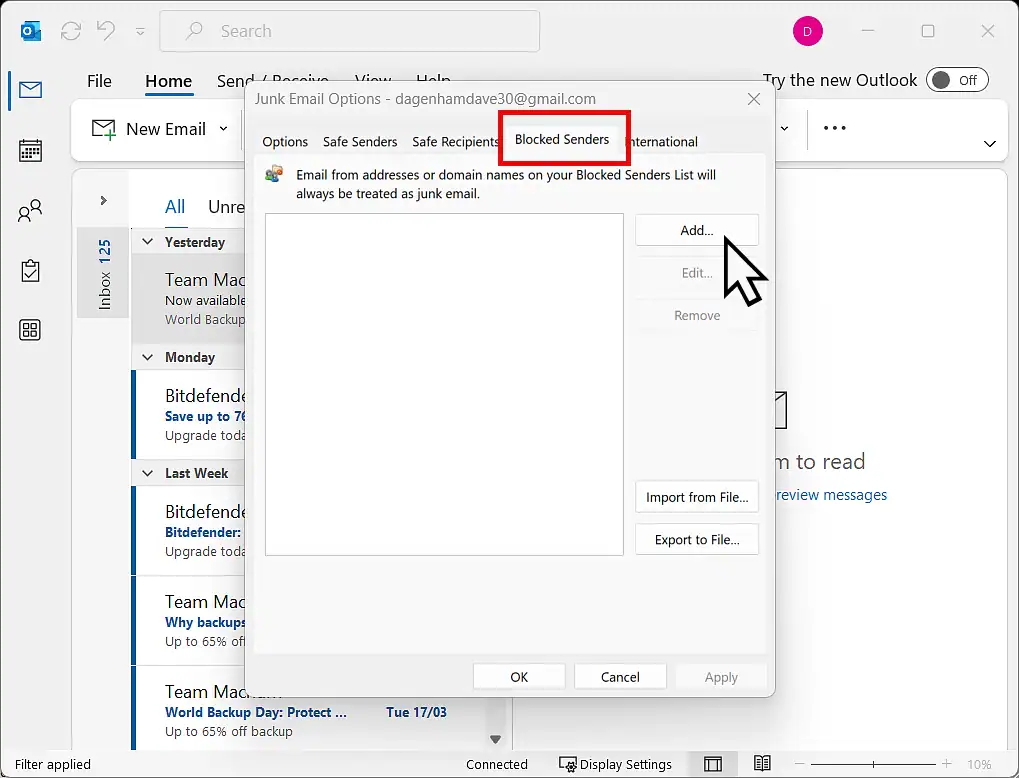 Adding blocked senders Blocking a domain in Outlook Classic.