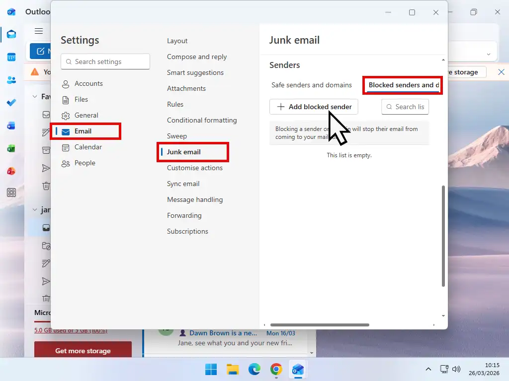 Blocking domain in Outlook New Junk email settings in Outlook New and online versions.