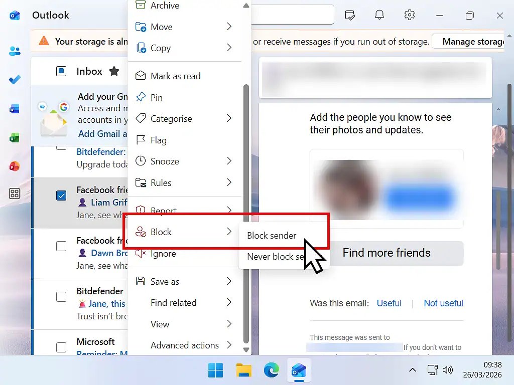 Blocking email in Outlook New app Block>Block Sender is highlighted on New Outlook options menu.