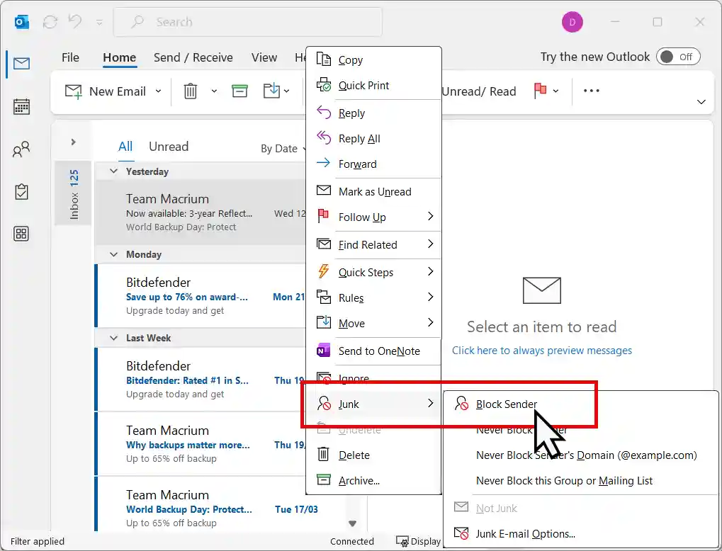 How to block sender Outlook menu Outlook Classic options menu. Blocking a sender.