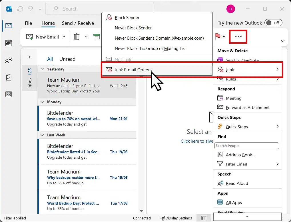 Junk email options in Outlook Classic Opening the Junk email options in Outlook Classic