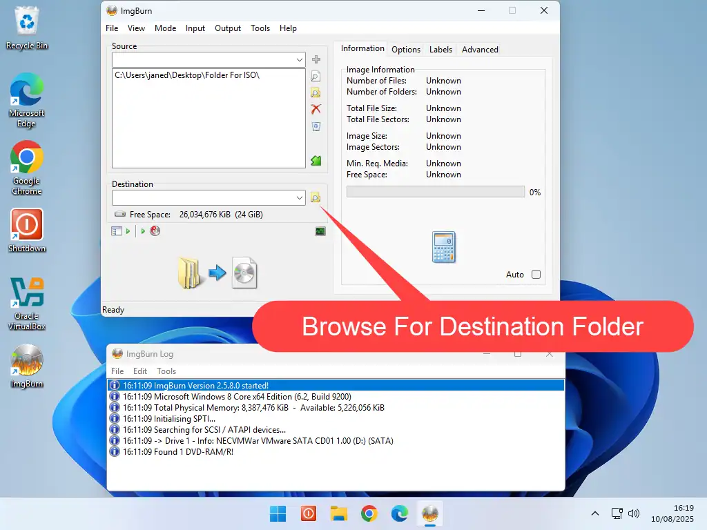 Browse button indicated to save the ISO file in to.