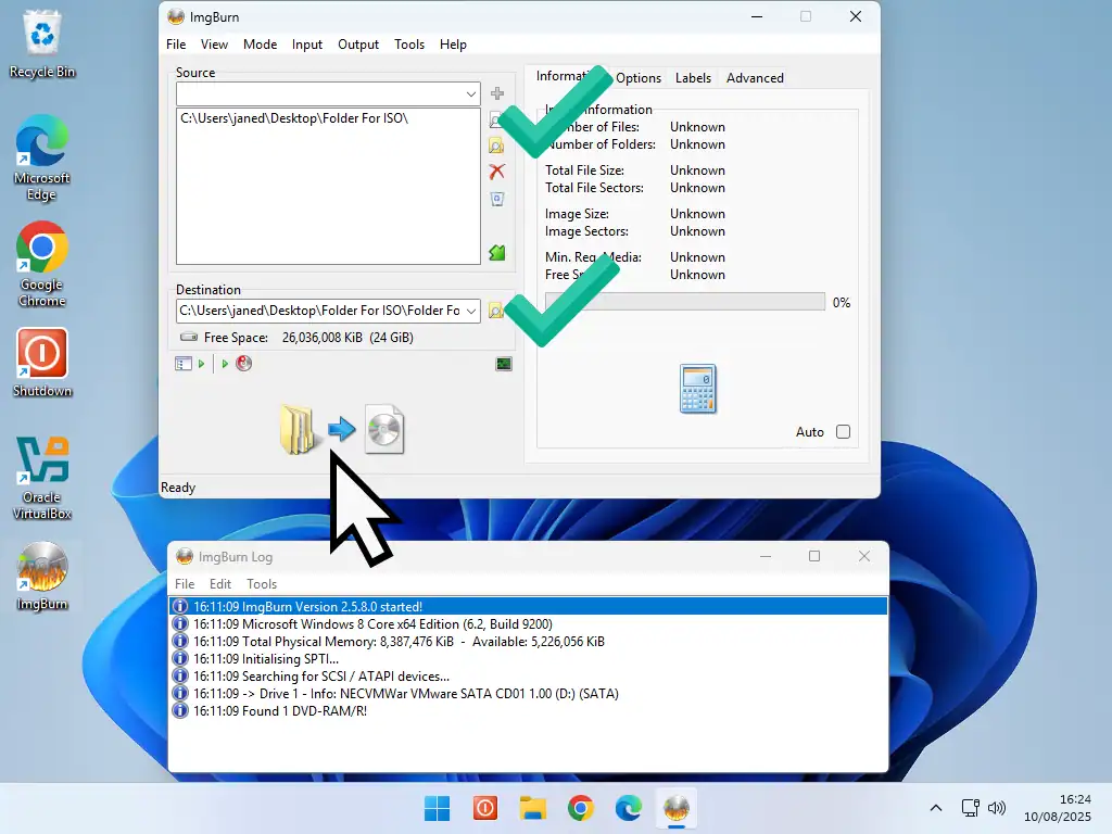 Source and destination are both set. The Build button is marked.