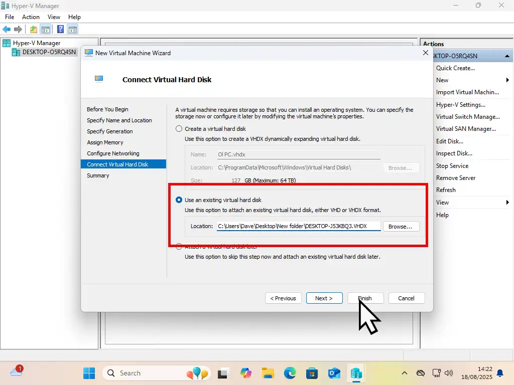 Connect Virtual Hard Disk is selected. 