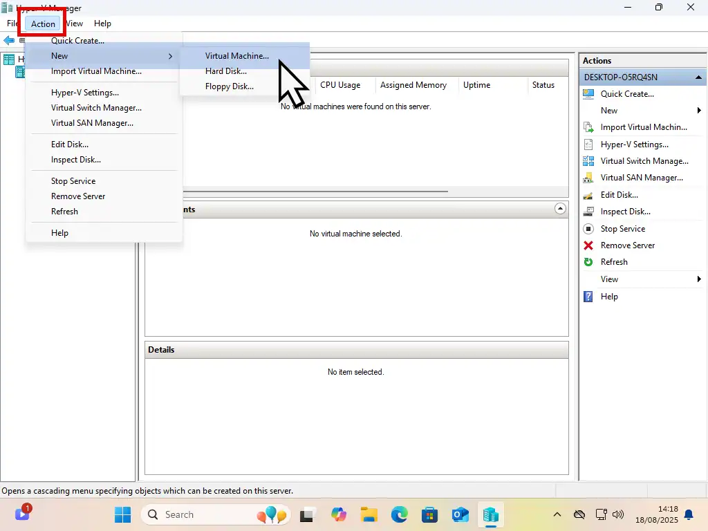 Action button is marked and New Virtual Machine is highlighted.