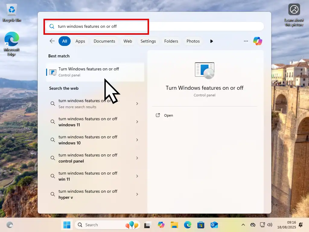 Selecting "Turn Windows features on or off" in Windows 1.