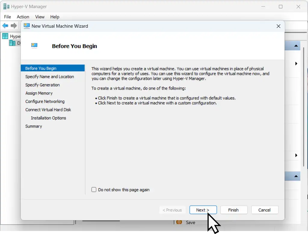 Hyper V setup screen