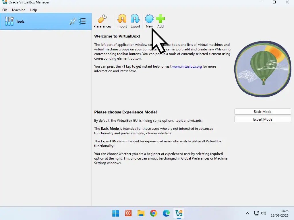 VirtualBox home screen. The New button is being clicked.