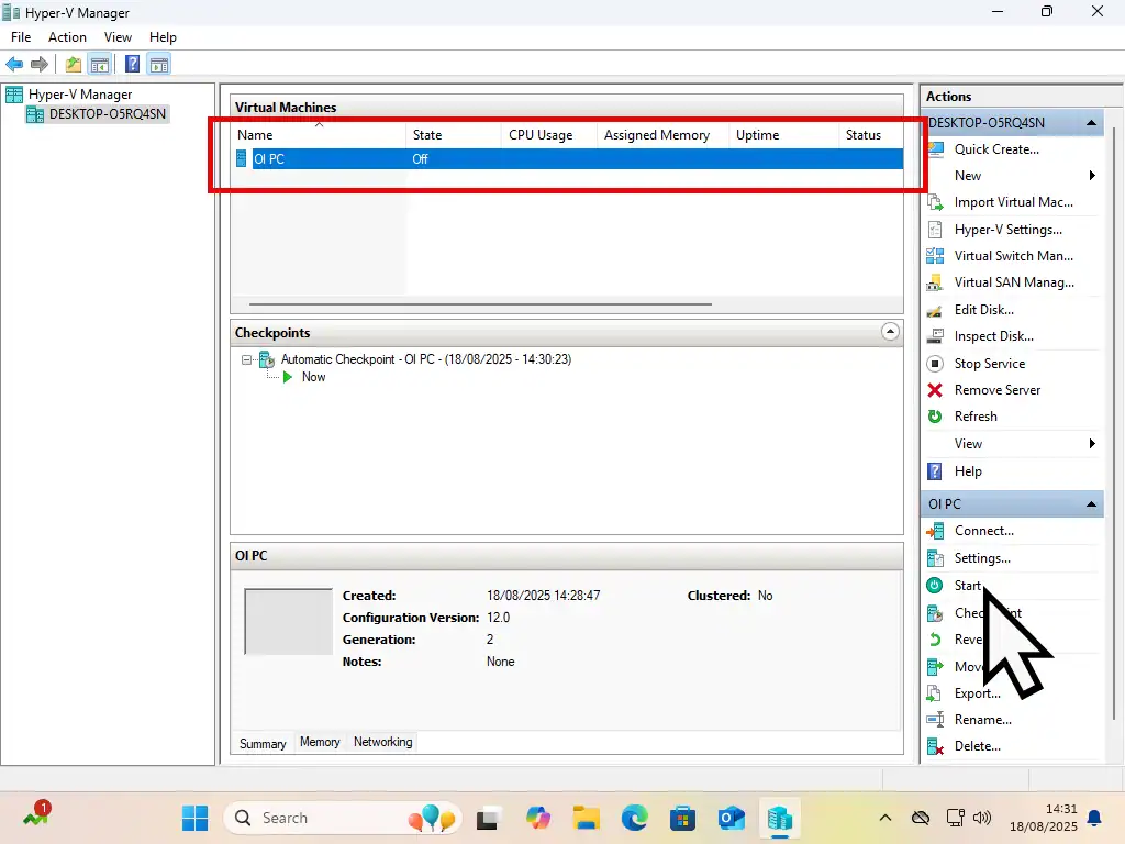 New virtual machine from VHDX file is highlighted in Hyper V Manager.