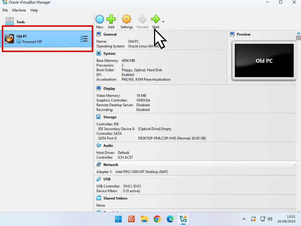 Start button highlighted in VirtualBox.