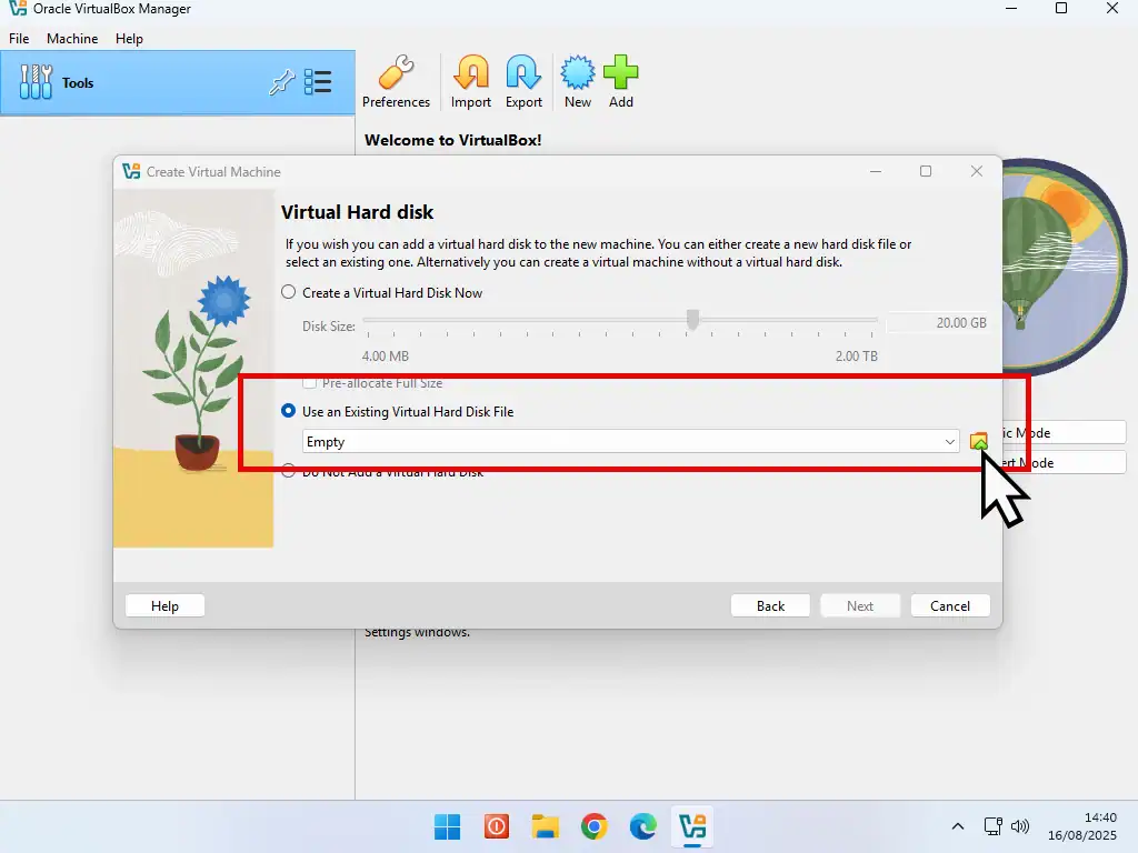 Use an existing VHD file is selected.