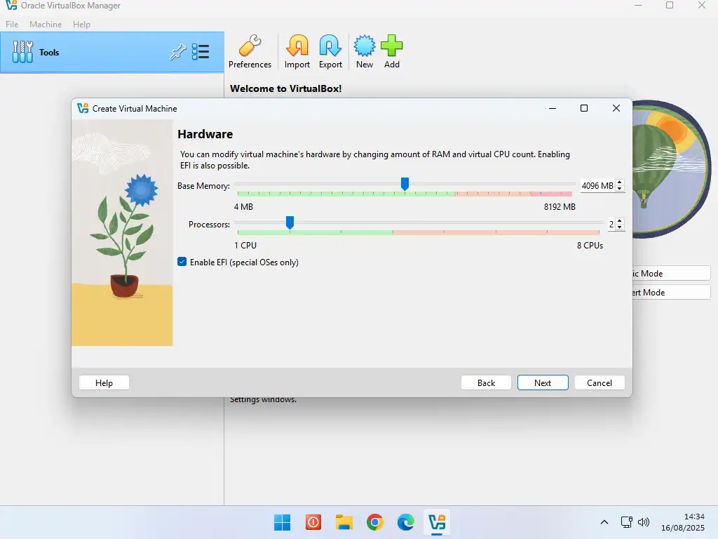 RAM and CPU settings in VirtualBox.