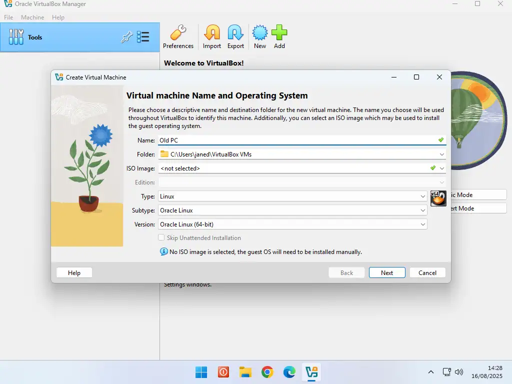 A name has been entered for the attached VHD image. All other settings are left at default.