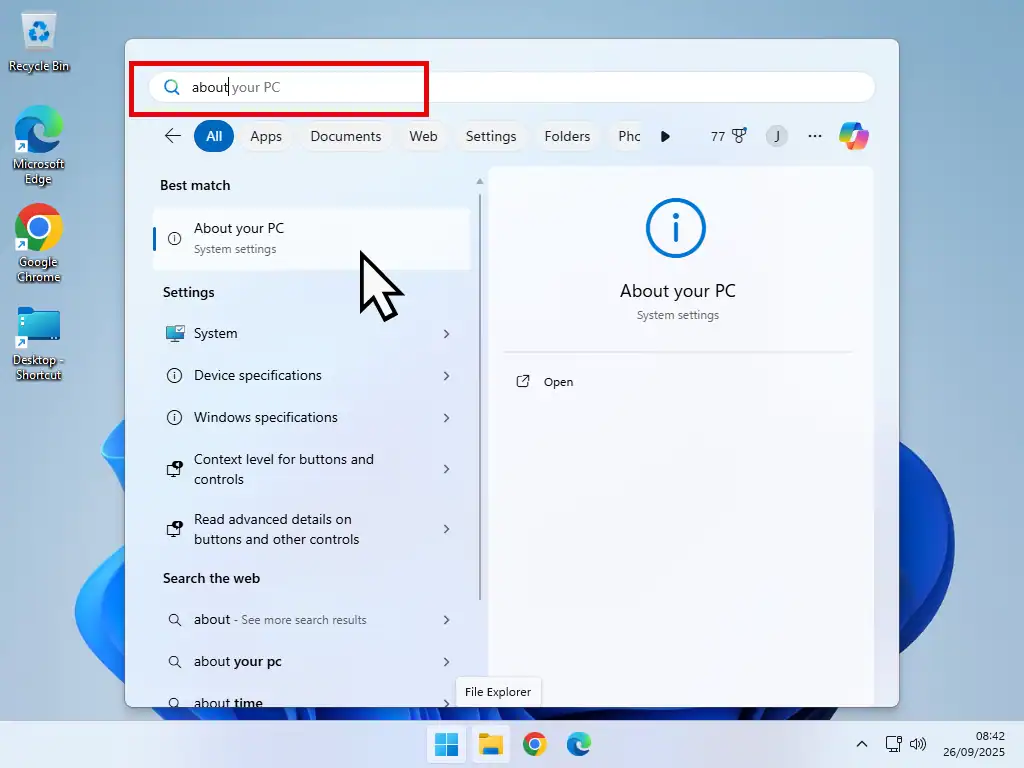 Searching for About this PC in Windows 11.