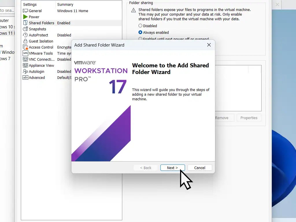 Shared folder wizard in VMware.