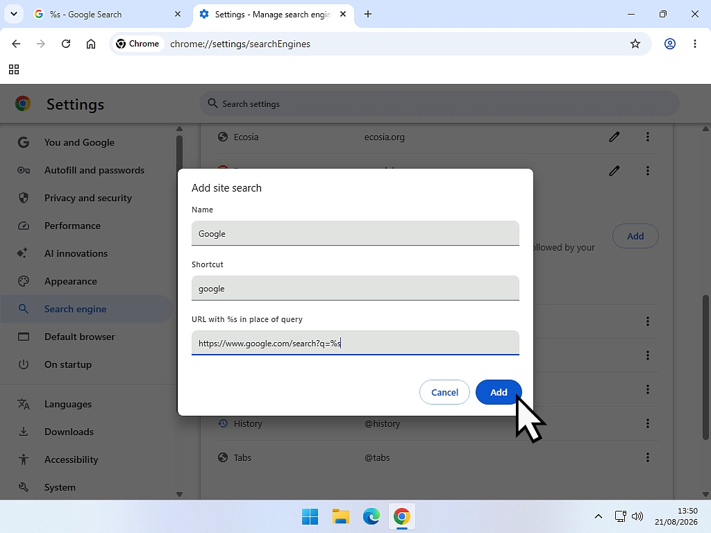 Adding Google as a search engine in Chrome using the Add box.