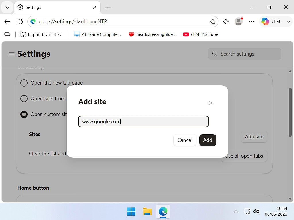 Adding Google as start page in Edge Adding Google as start page in Edge