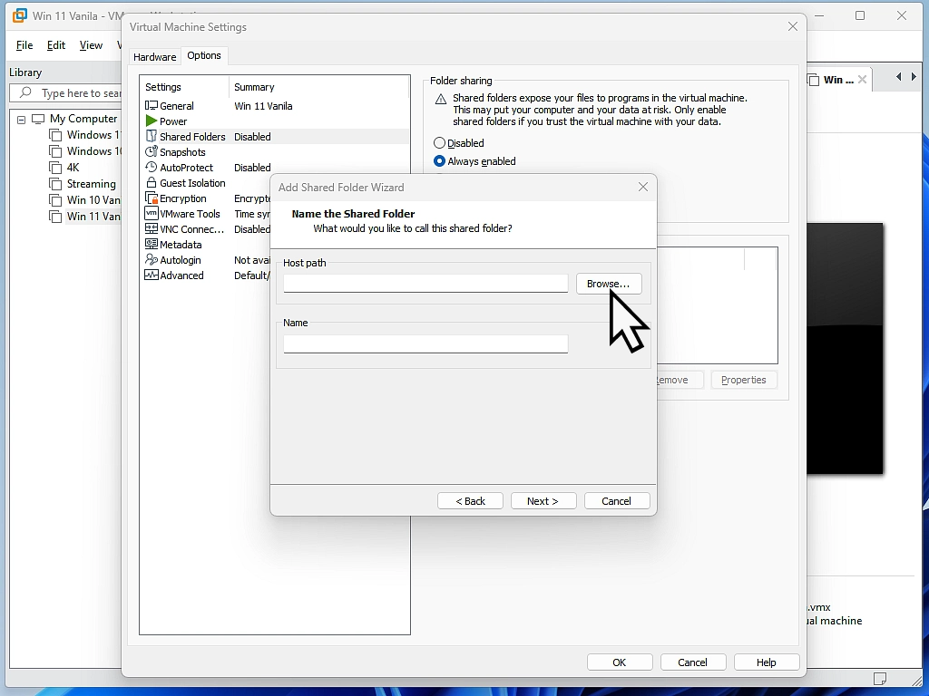 Browse for folder to add as a shared folder Browse for folder to add as a shared folder