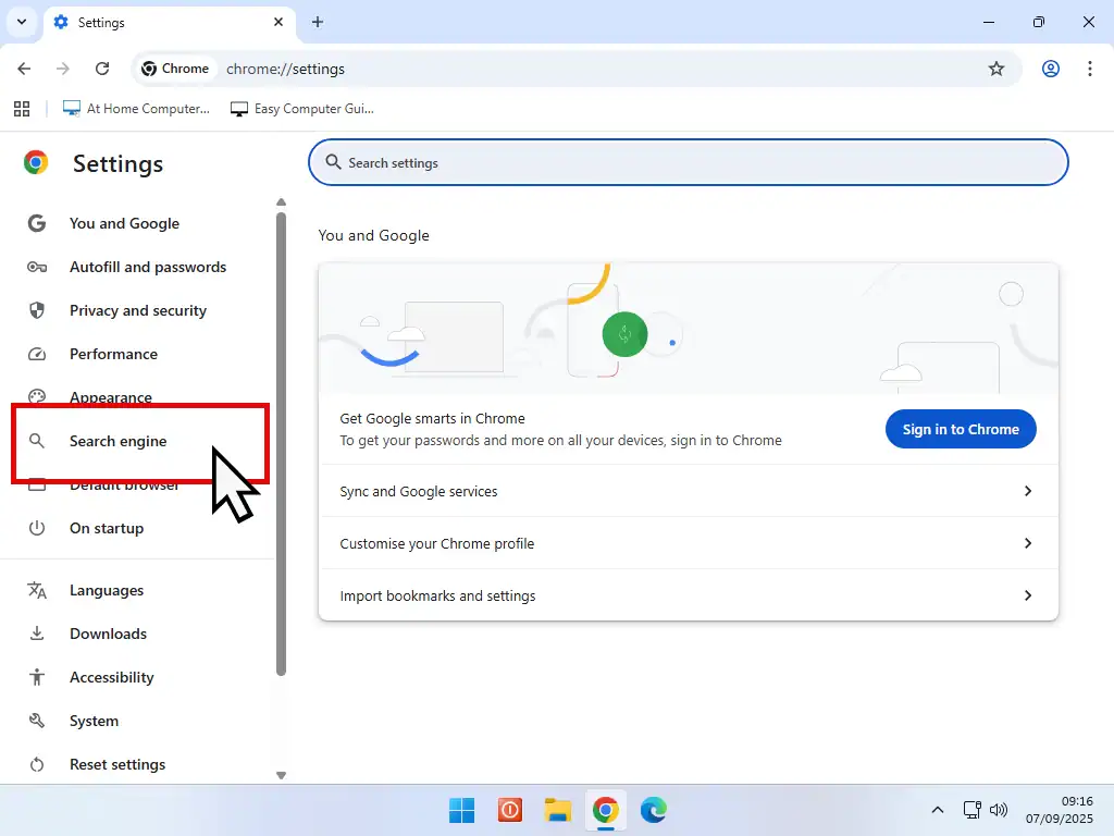 Search engine option highlighted in Google Chrome navigation menu.