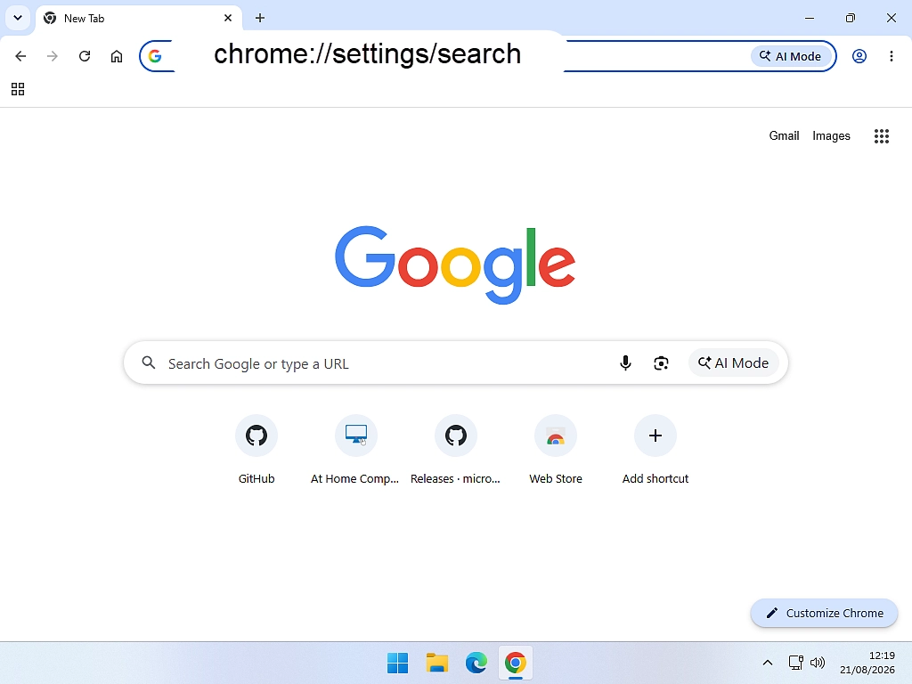 chrome://settings/search, pasted into Chrome address bar.