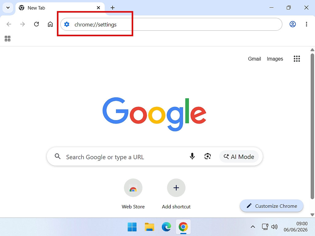 Chrome settings shortcut chrome://settings entered into address bar in Google Chrome.