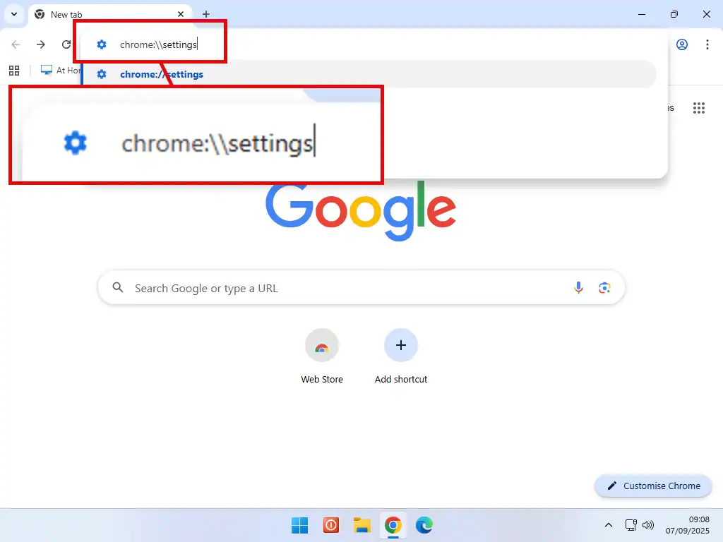 chrome:\\settings typed into address bar to open the settings.