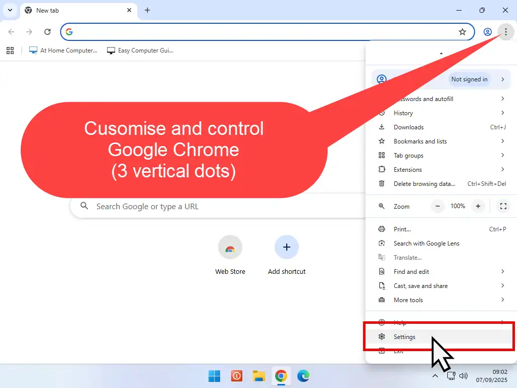Accessing Google Chrome settings menu.