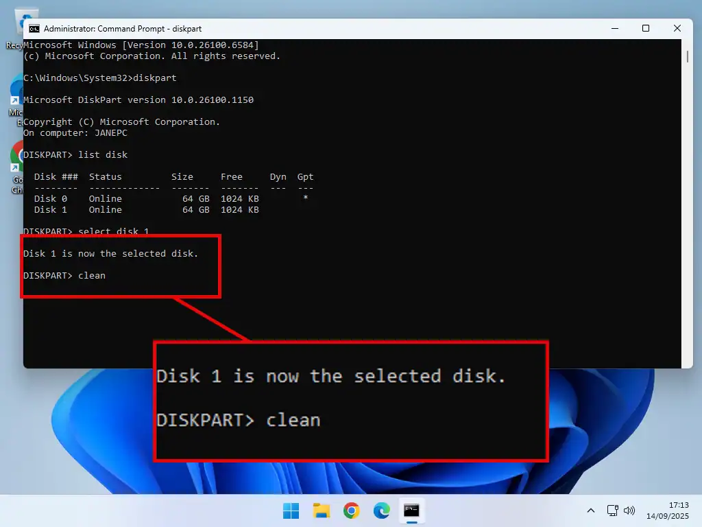 Cleaning the disk in Diskpart.
