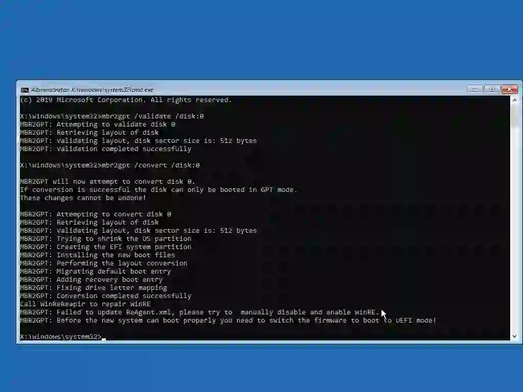 Disk conversion to GPT without data loss successful.