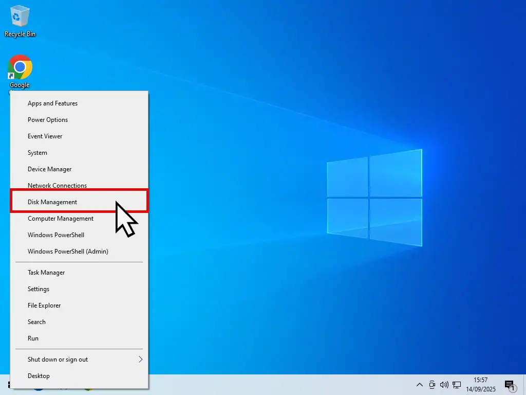 Opening Disk Management in Windows 10.
