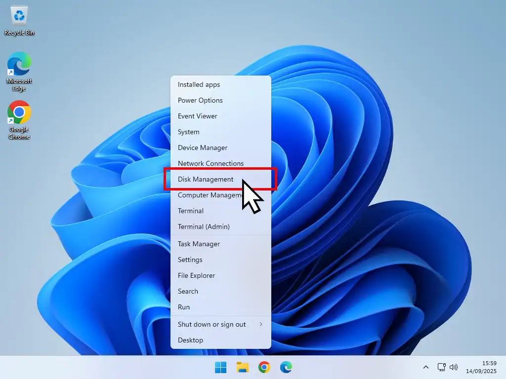Opening Disk Management in Windows 11.