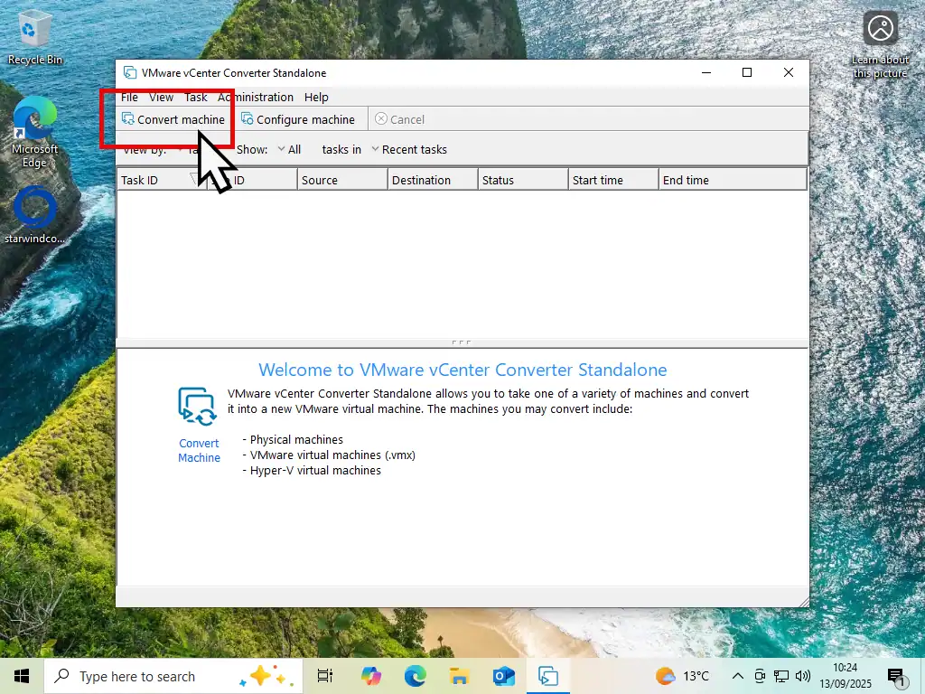 Convert Machine button is indicated in vCenter Converter.