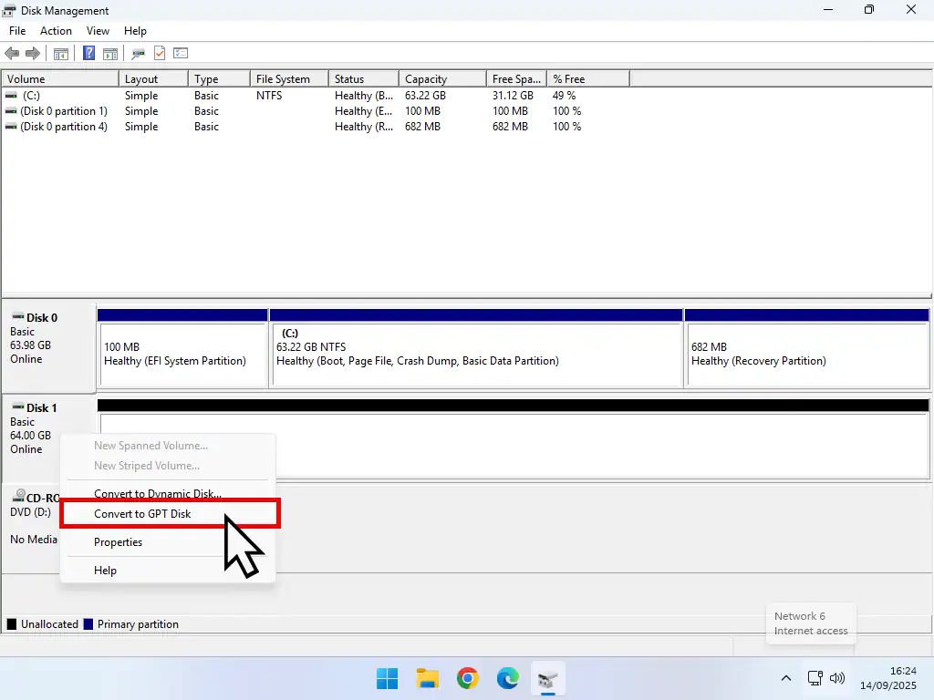 Convert to GPT is highlighted on disk menu