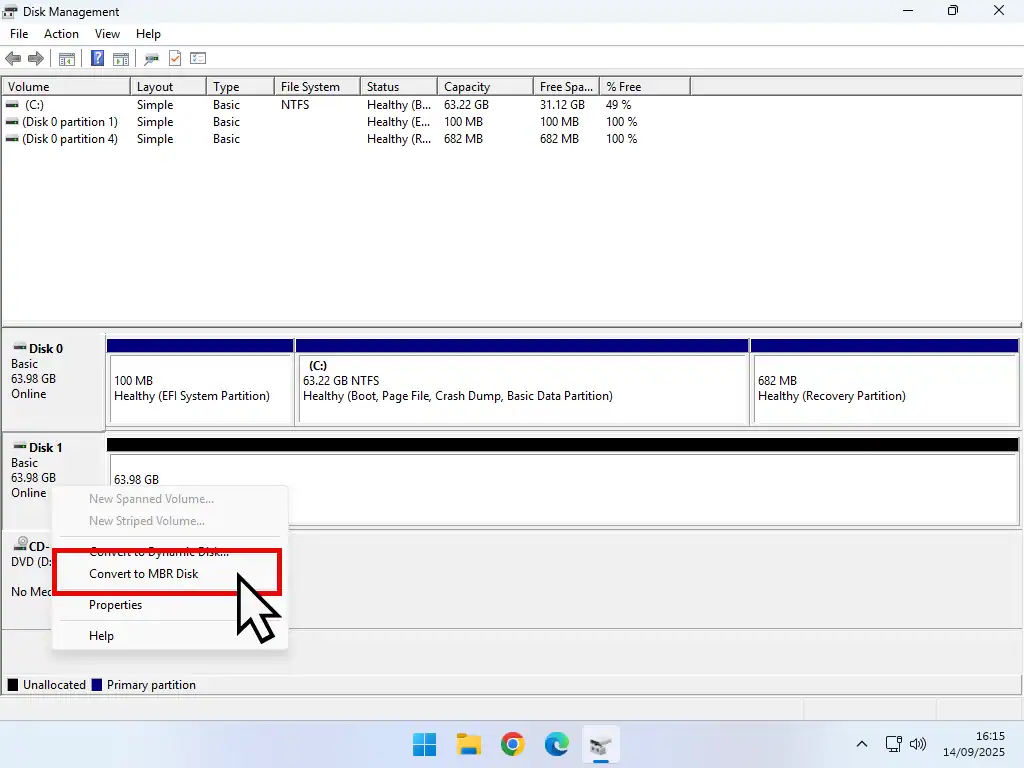 Convert to MBR is highlighted on disk menu.